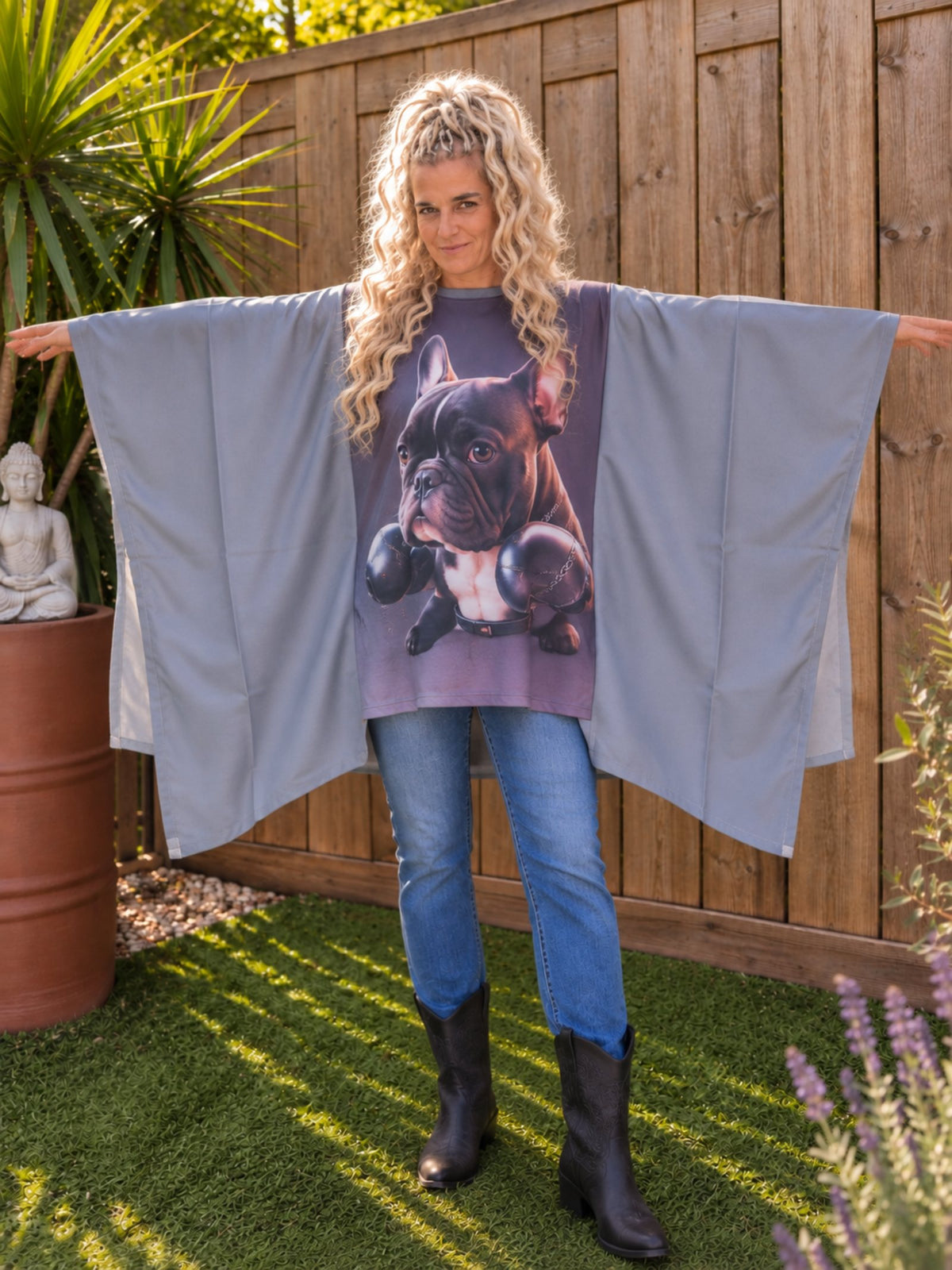 Oversized Bulldog boho top met brede grijze zijpanelen en armen uitgespreid