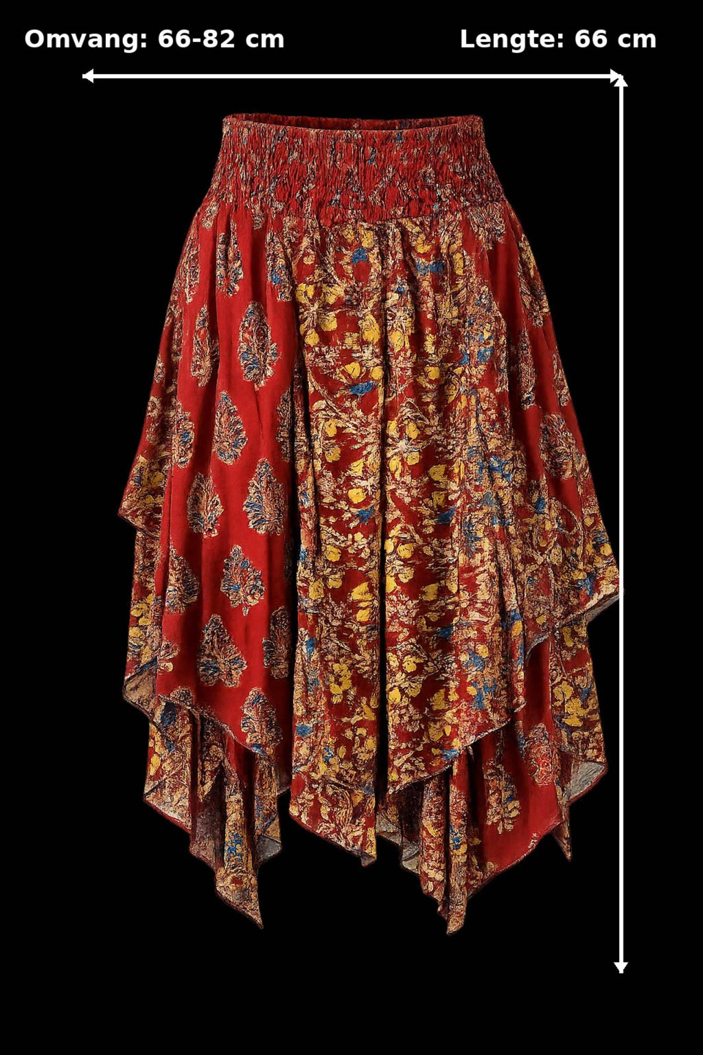 Boho rok rood met maatoverlay. Taille 66-82 cm (stretch) en lengte 66 cm tot het langste punt.