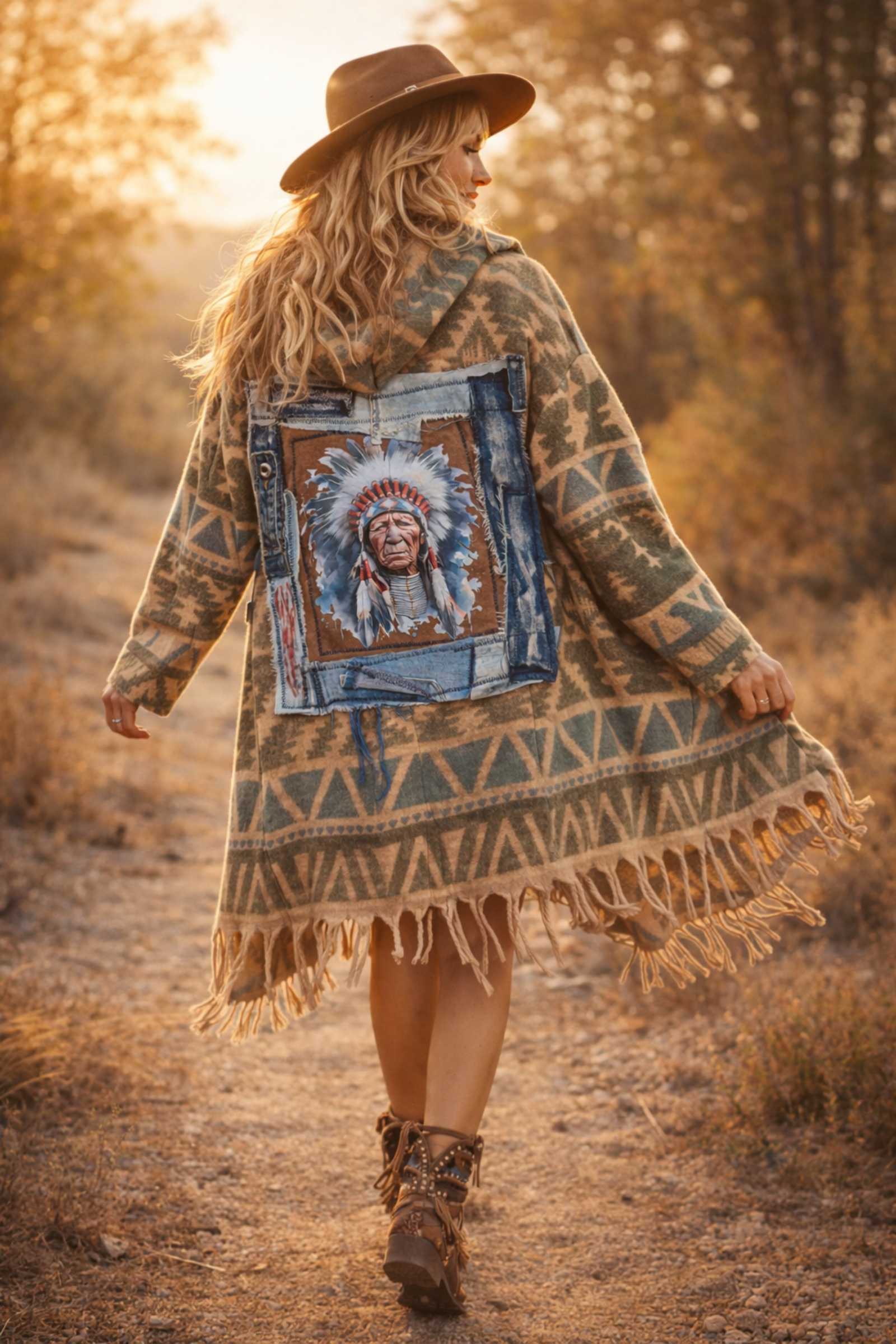 Boho Poncho Jasje met Upcycled Denim Patchwork