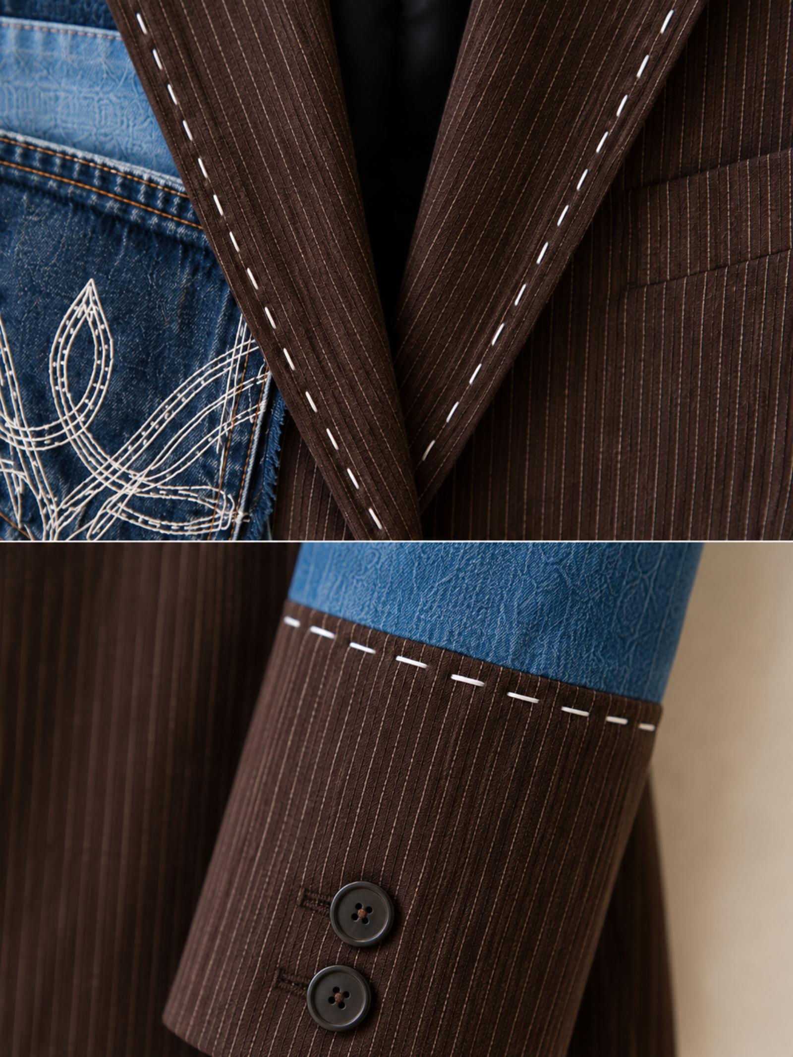 Close-up van bruine ribstof, revers en handgestikte details.
