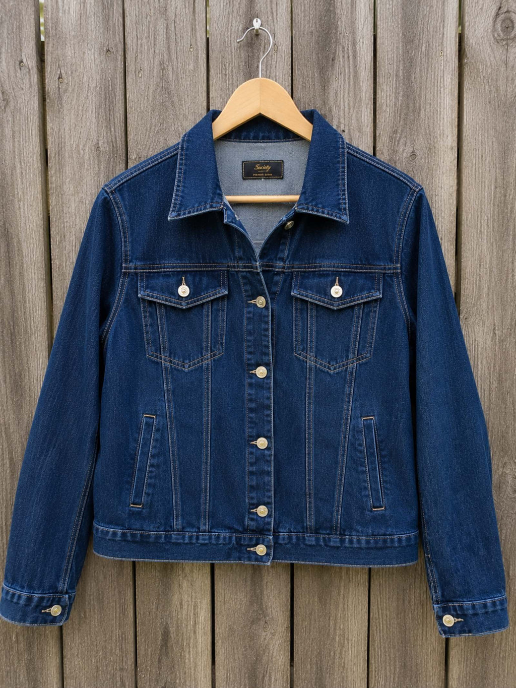 Wait a Minute upcycled denim jasje voorkant op hanger - Old New Atelier