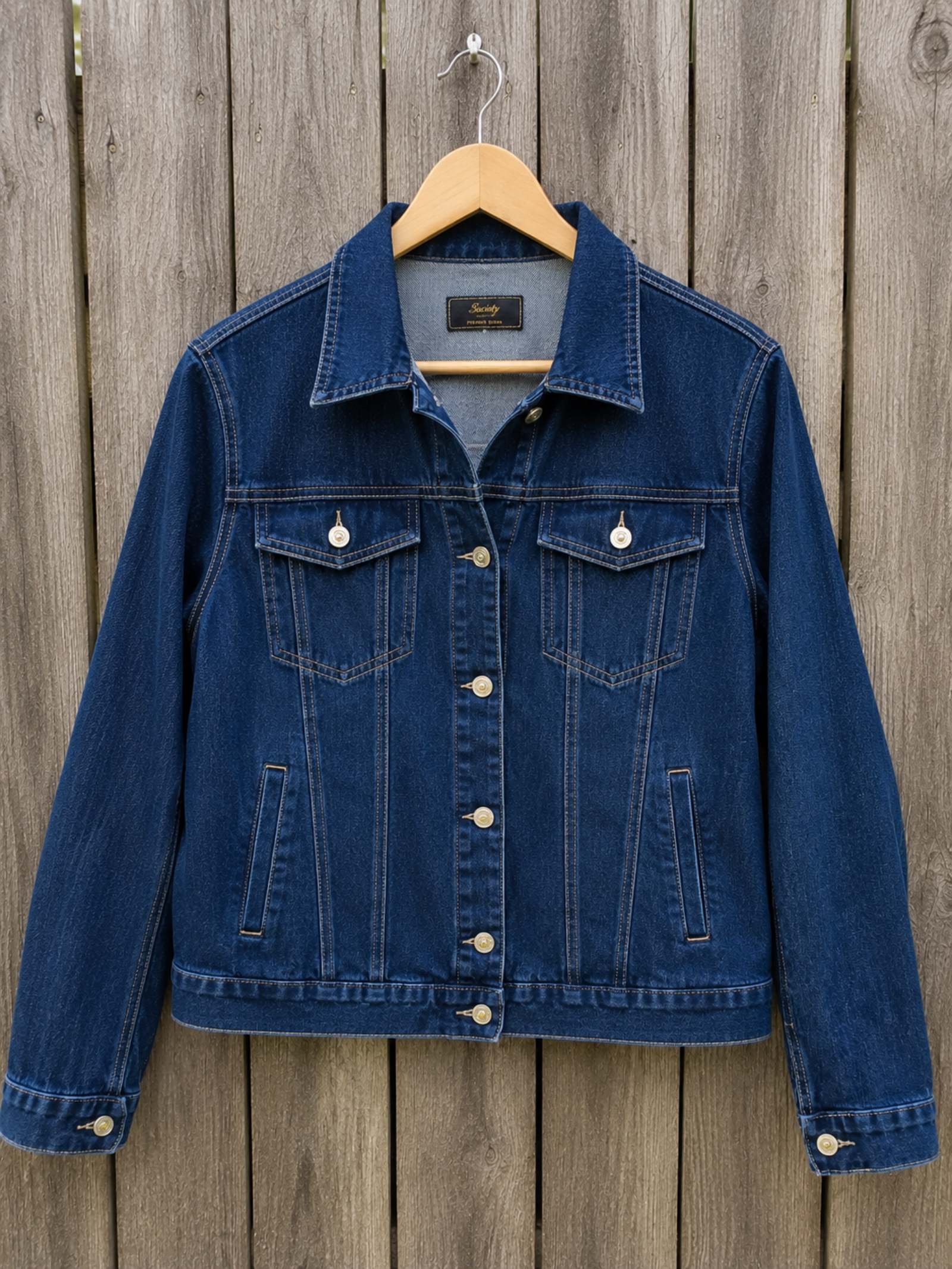 Wait a Minute upcycled denim jasje voorkant op hanger - Old New Atelier