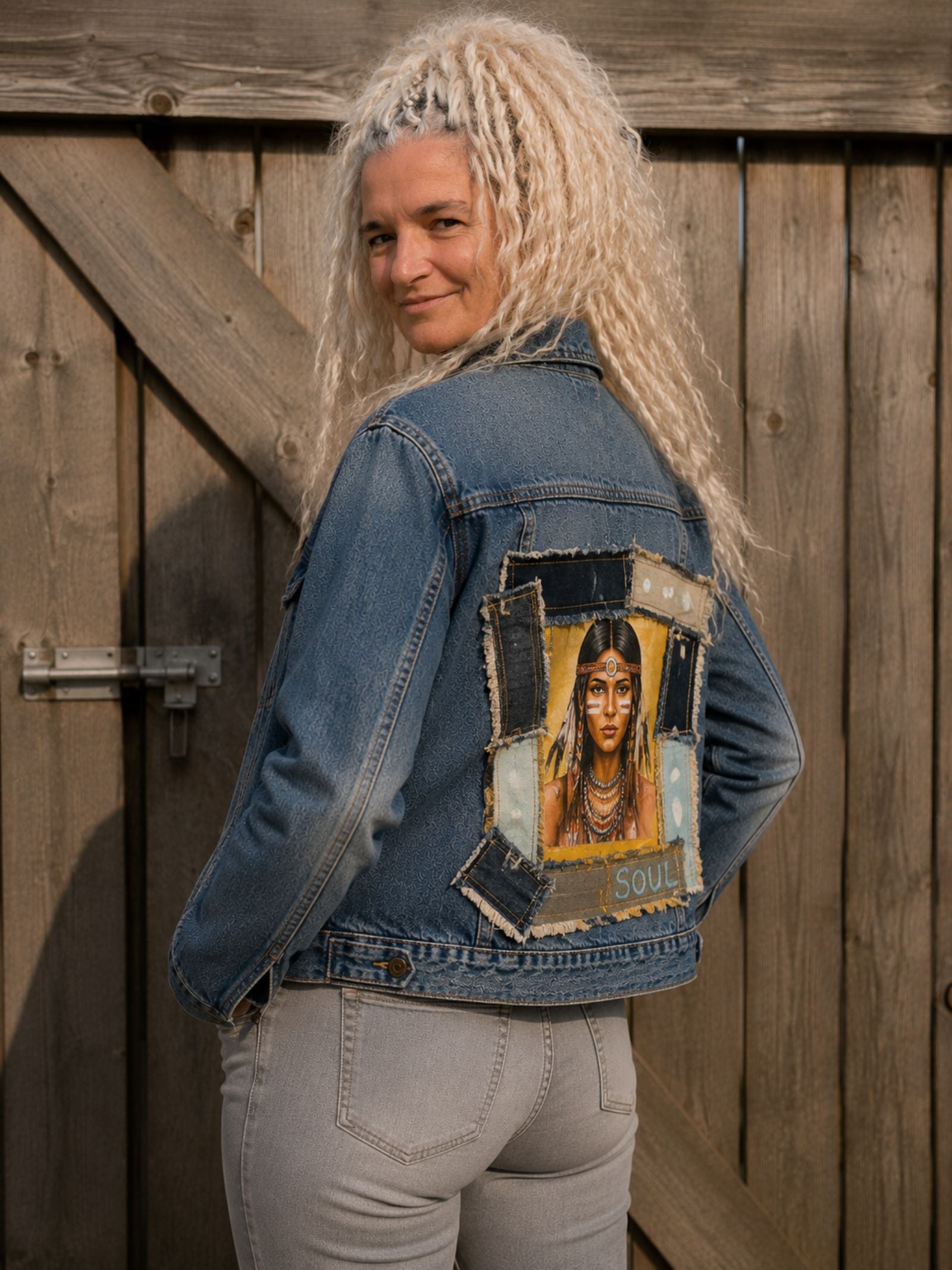 One of a Kind upcycled denim jasje met Indian Soul artwork en denim patchwork op de achterkant, gedragen door model.