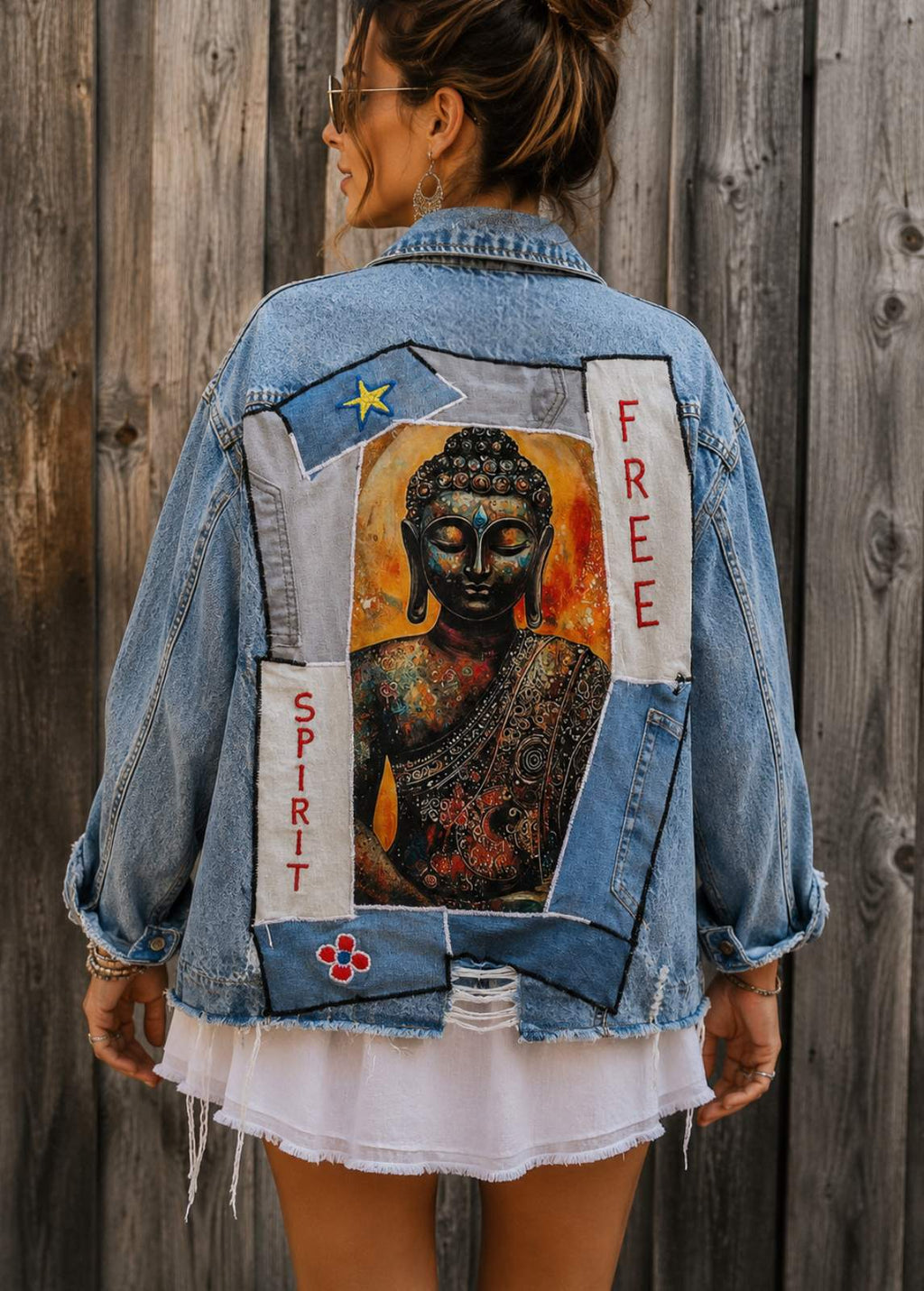 Upcycled denim jacket Free Spirit met kleurrijke Buddha artwork achterkant – one of a kind boho jas handgemaakt door Old New Atelier