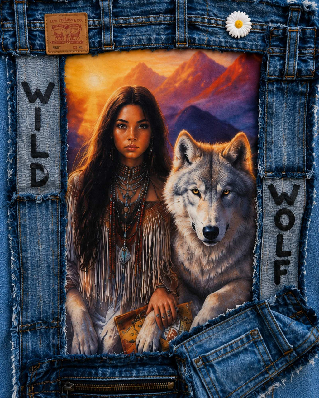 Close-up rugkunstwerk van vrouw en wolf op upcycled denim hesje
