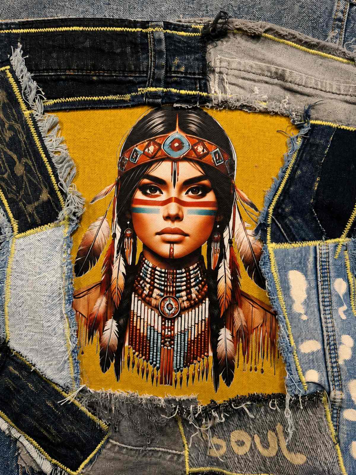 Detail van Native Soul artwork en denim patchwork op upcycled jasje