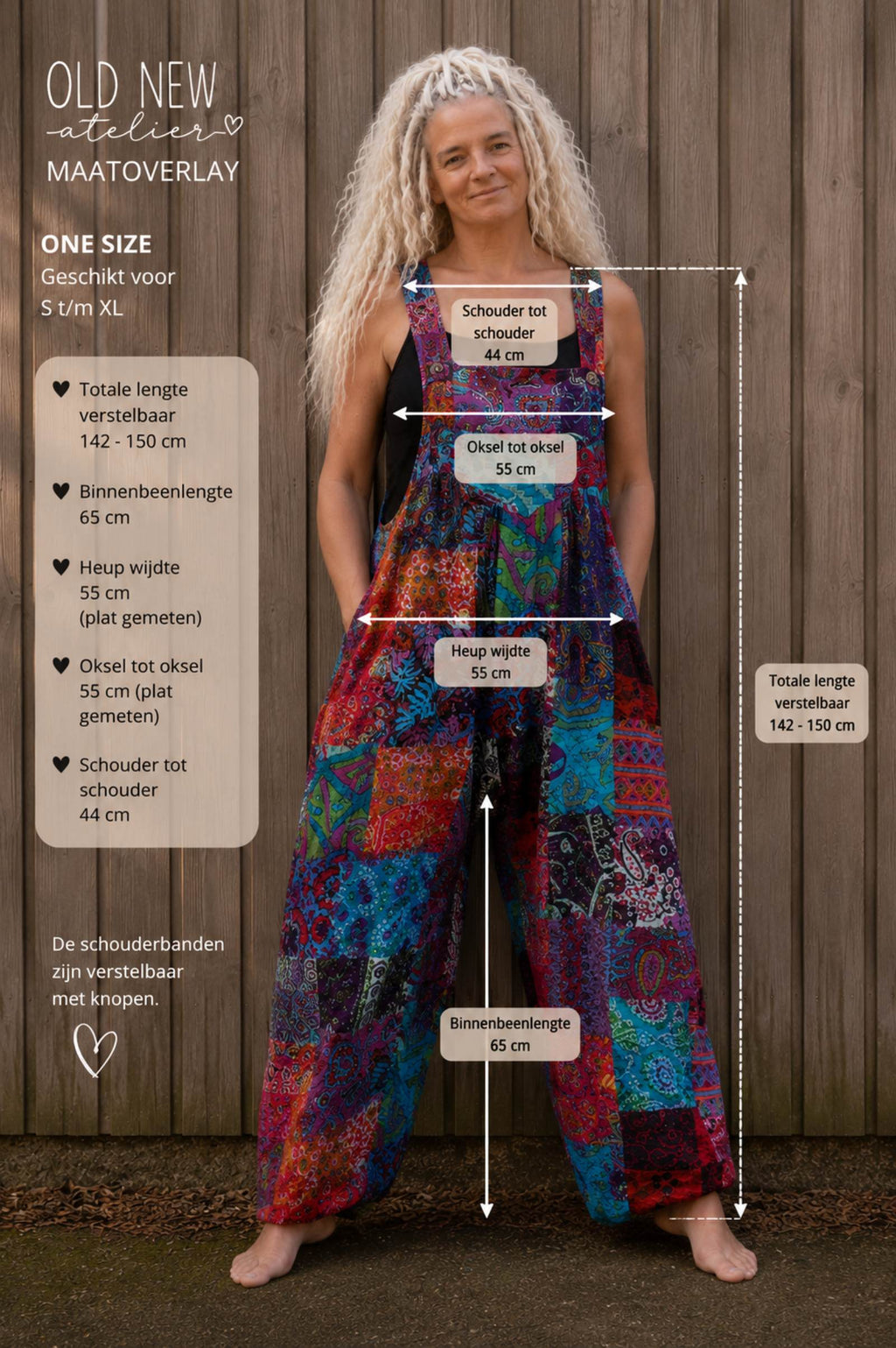 Maatoverlay van de boho patchwork jumpsuit met afmetingen en verstelbare lengte