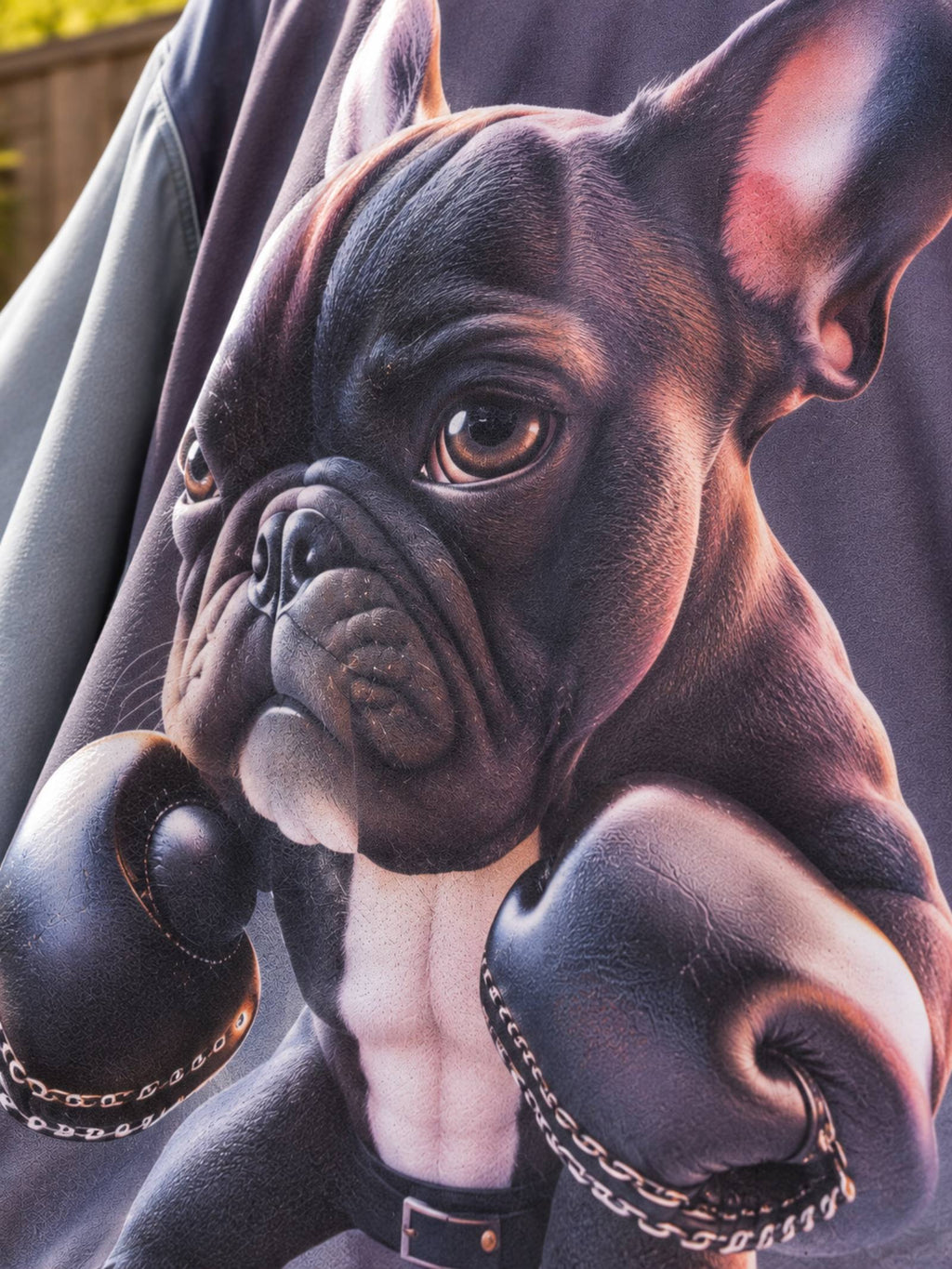 Close-up bulldogprint en stofstructuur van upcycled boho top