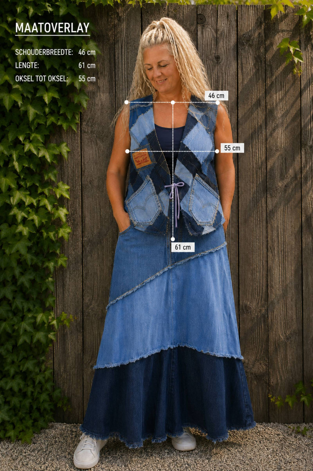 Maatoverlay van Blue Nomad L/XL Levi's patchwork hesje met afmetingen.