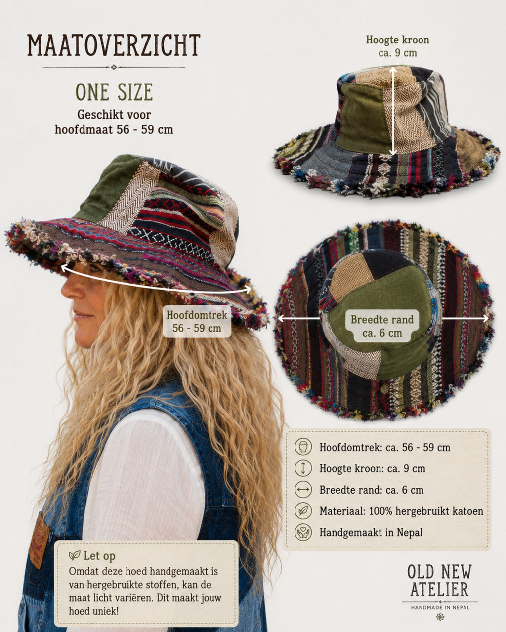 Maatoverzicht van de handgemaakte patchwork boho hoed met hoofdomtrek, kroonhoogte en randbreedte.