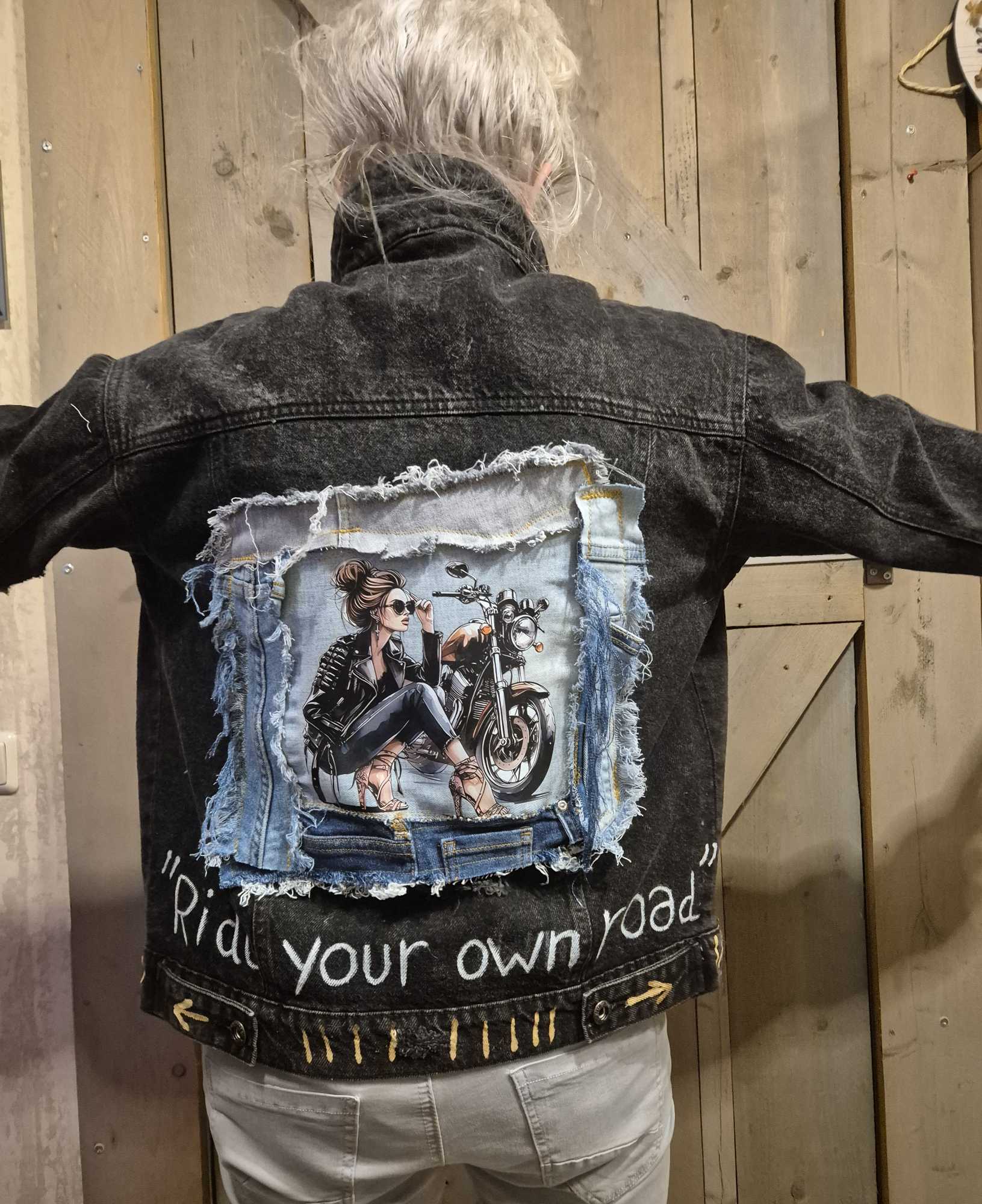 Upcycled denim jacket ride your own road patchwork back