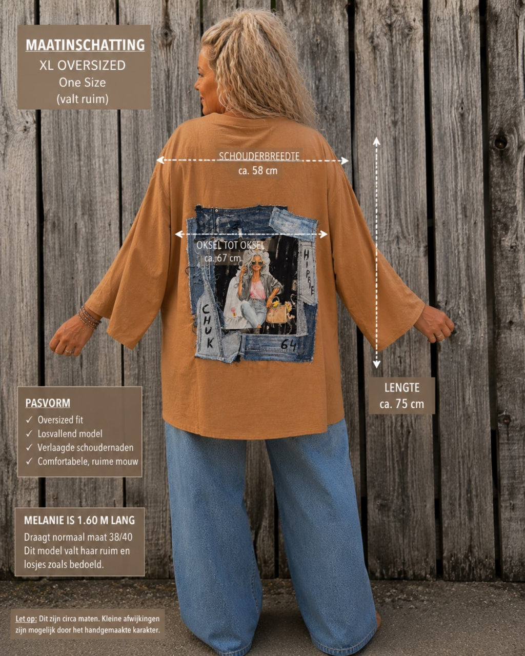 Maatoverlay van handgemaakte oversized camel blouse | One Size XL | Schouder 58 cm | Oksel 67 cm | Lengte 75 cm | Old New Atelier