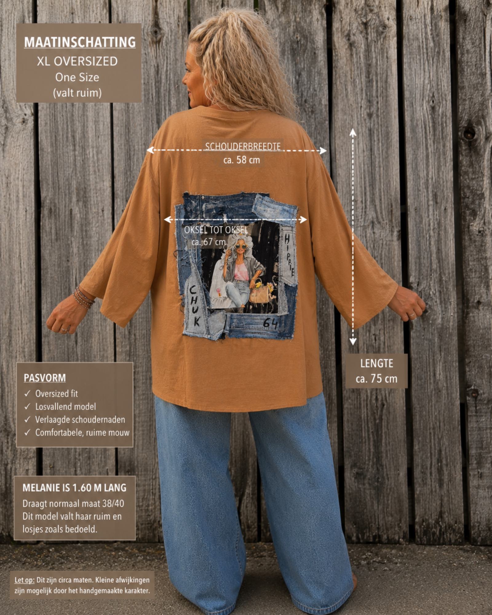 Maatoverlay van handgemaakte oversized camel blouse | One Size XL | Schouder 58 cm | Oksel 67 cm | Lengte 75 cm | Old New Atelier