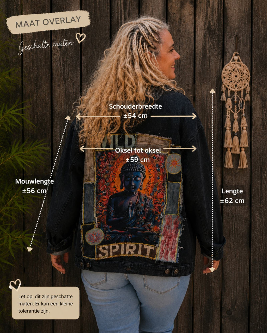 Wild Spirit Buddha denim jasje van Old New Atelier met maatindicatie, schouderbreedte, okselmaat, mouwlengte en lengte.