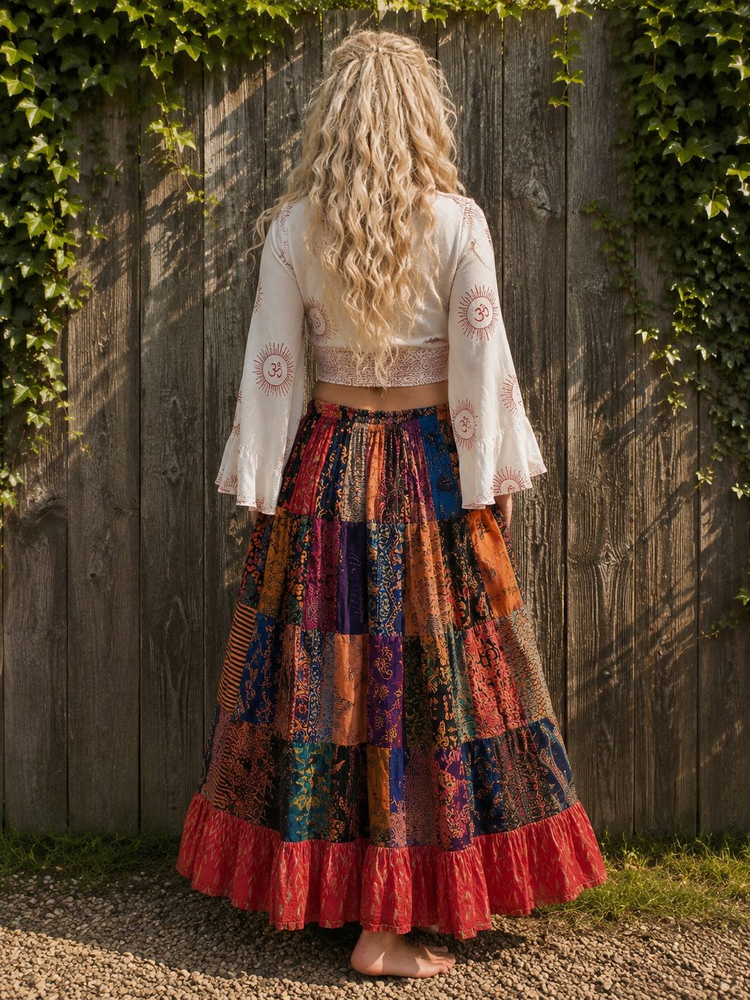 Boho patchwork maxi rok achterkant gedragen door model met elastische taille, kleurrijke patchwork stoffen en zwierige bohemian pasvorm van Old New Atelier.