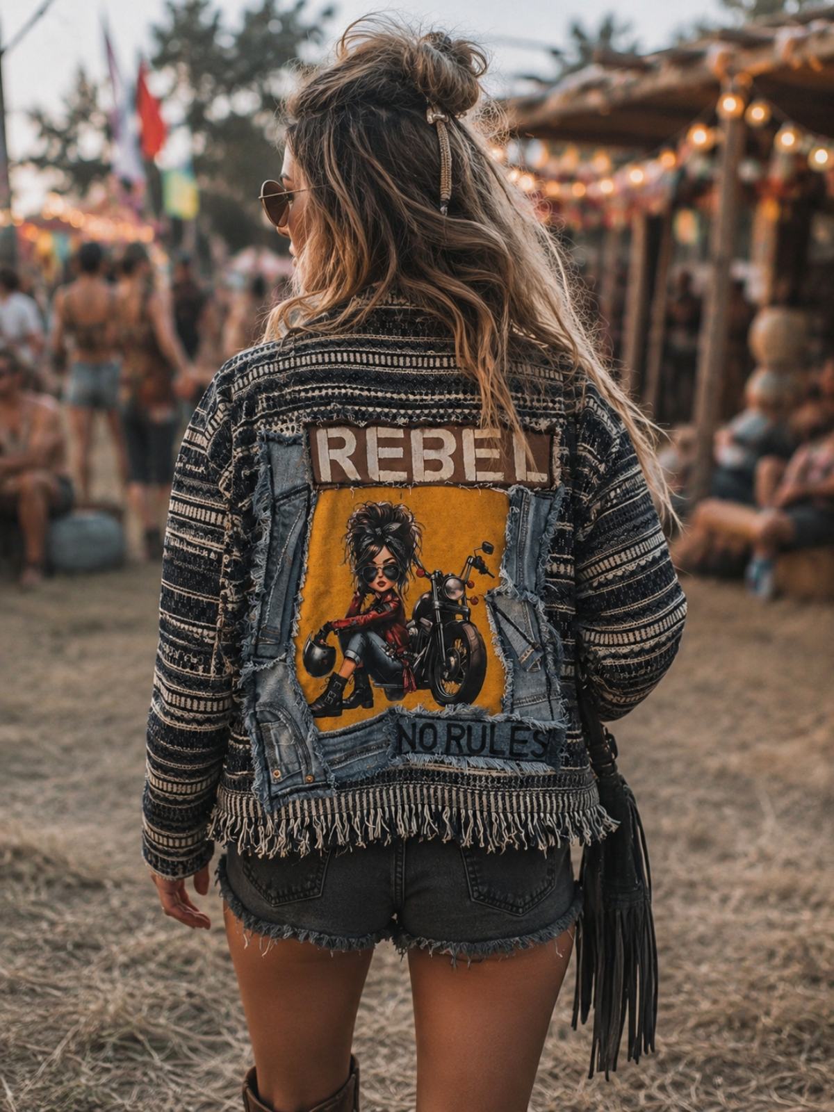 Festival boho model draagt one of a kind rebel biker jacket van Old New Atelier