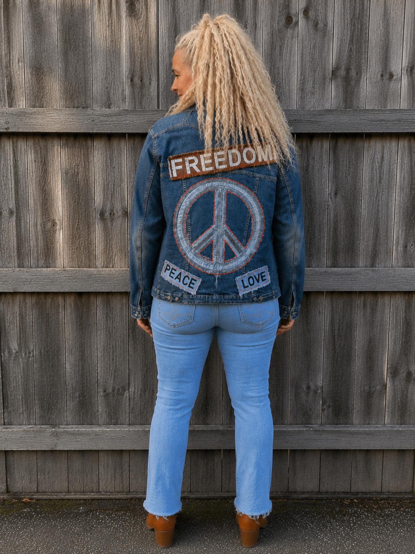 Vrouwelijk model draagt een One of a Kind upcycled denim jasje met Freedom patch, peace teken en Love details op de achterkant van Old New Atelier.