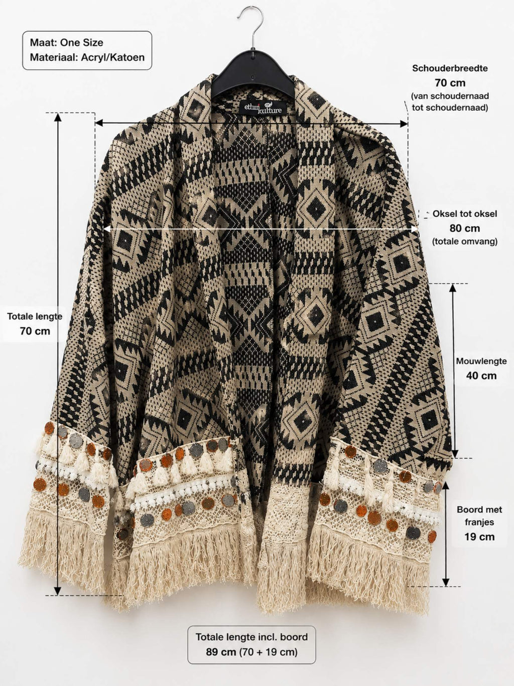 Afmetingen van het boho kimono jasje zwart crème.