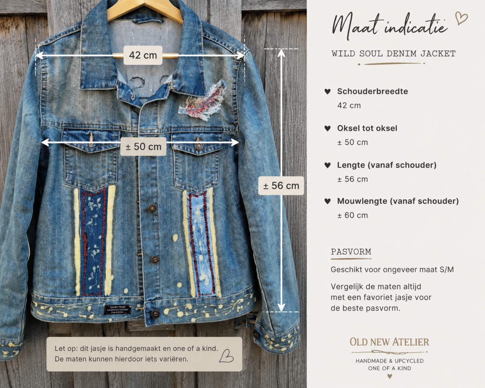 Maatindicatie Wild Soul upcycled denim jasje van Old New Atelier met schouderbreedte 42 cm en geschatte pasvorm maat S/M.
