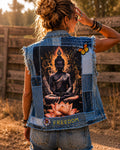 Handgemaakt upcycled denim gilet achterkant met Buddha artwork