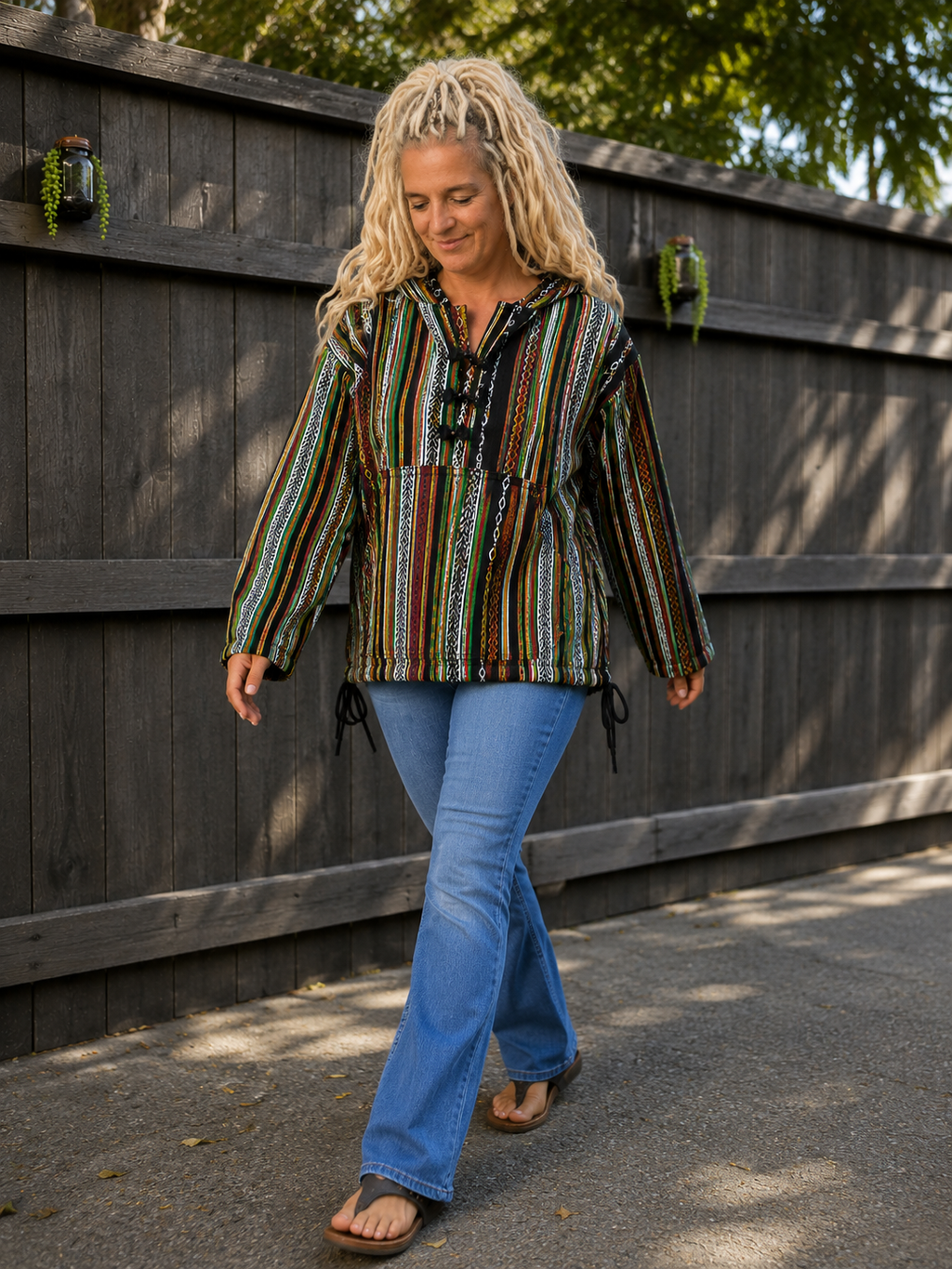 Multicolor boho hoodie dames losvallend gedragen tijdens het lopen