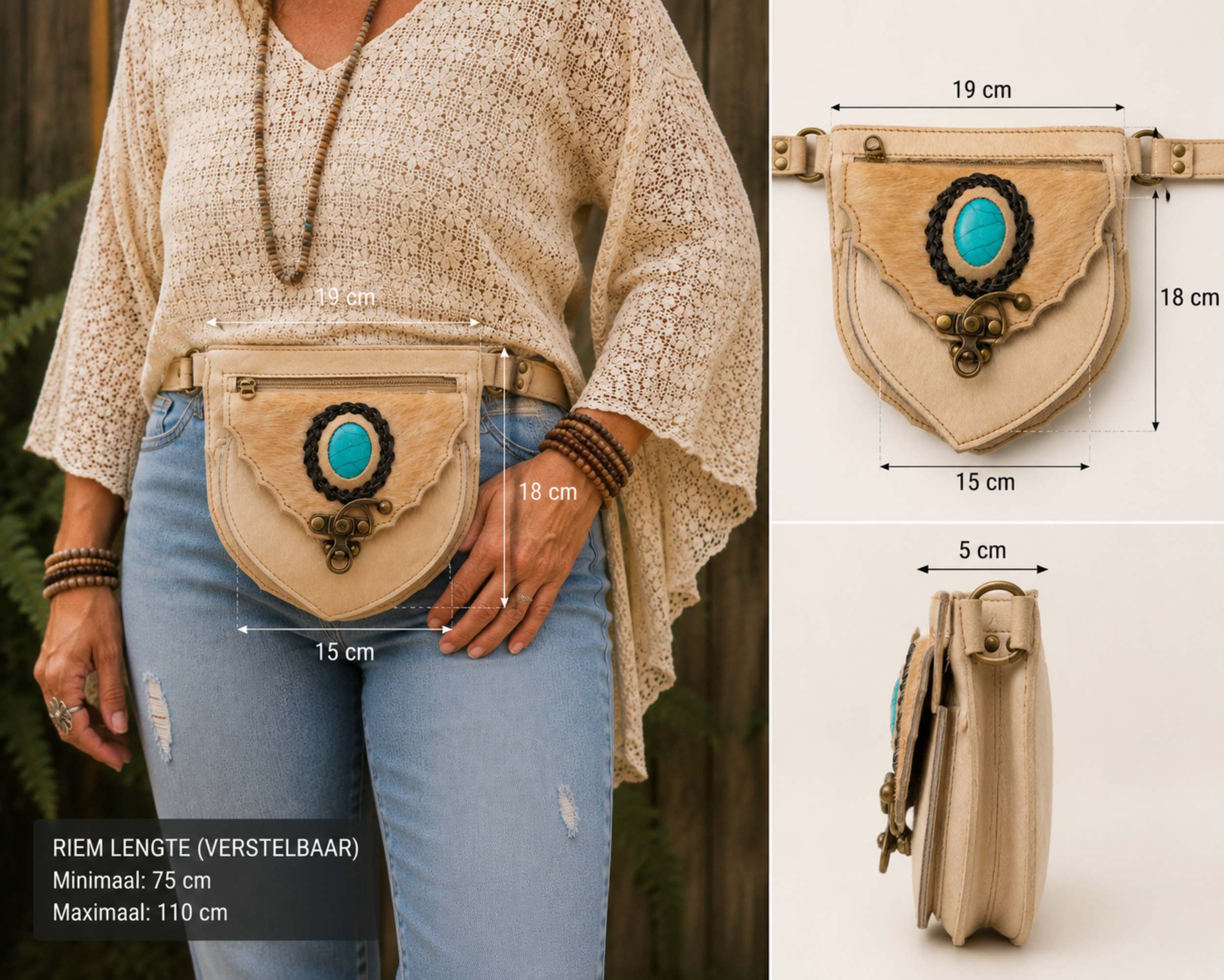 Afmetingen van handgemaakt leren boho heuptasje met verstelbare riem