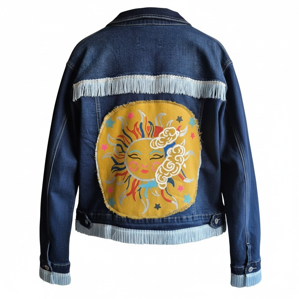 upcycled denim jasje met zon patch op de achterkant boho patchwork stijl Old New Atelier
