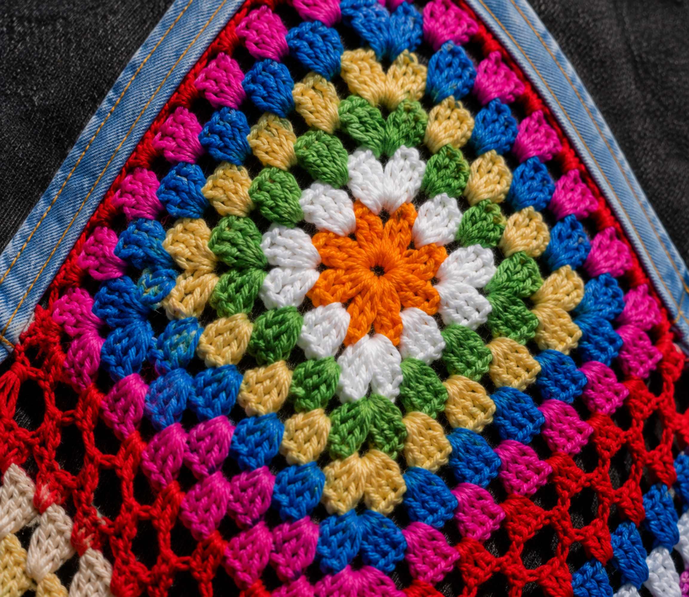 Close-up van een handgehaakte kleurrijke granny square op het rugpand.