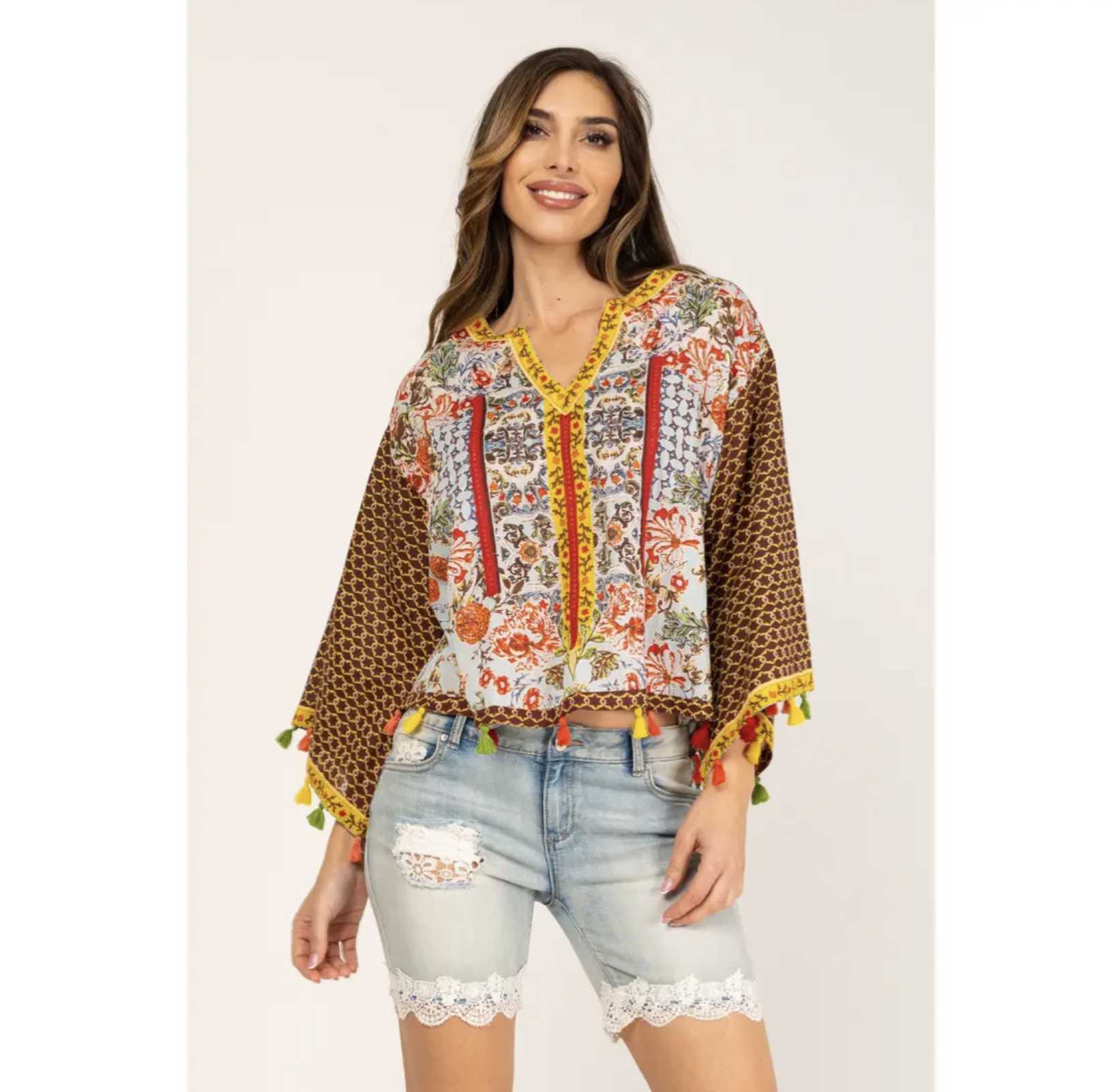 Boho Viscose Blouse – Print & Kwastjes – L & XL – Laatste Stuks