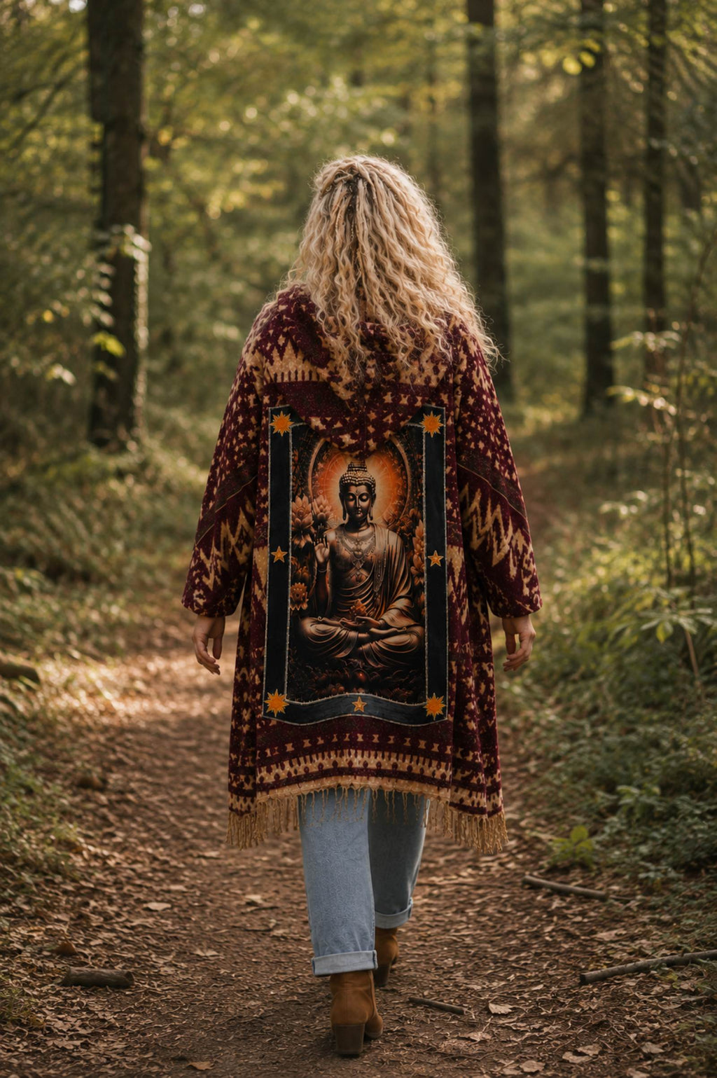 Vrouwelijk model draagt een Buddha boho poncho tijdens een boswandeling, handgemaakt en one of a kind.