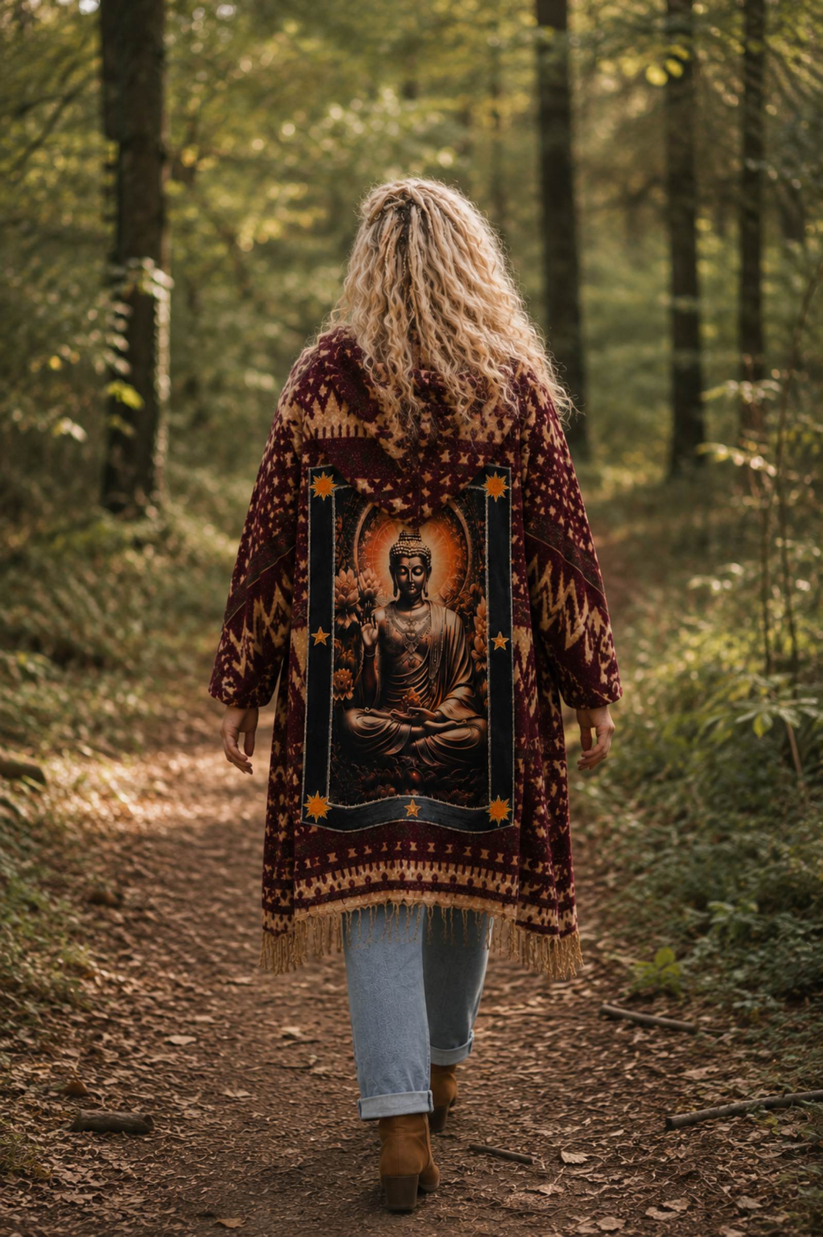 Vrouwelijk model draagt een Buddha boho poncho tijdens een boswandeling, handgemaakt en one of a kind.