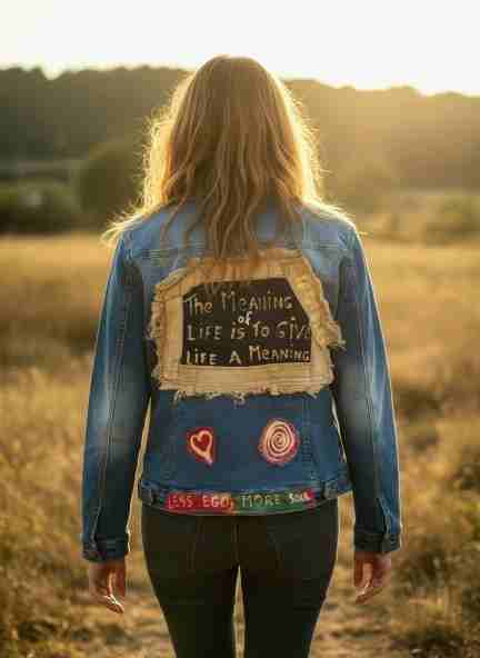 Handgemaakte Denim Jas met Quote – Boho Upcycled Statement Piece
