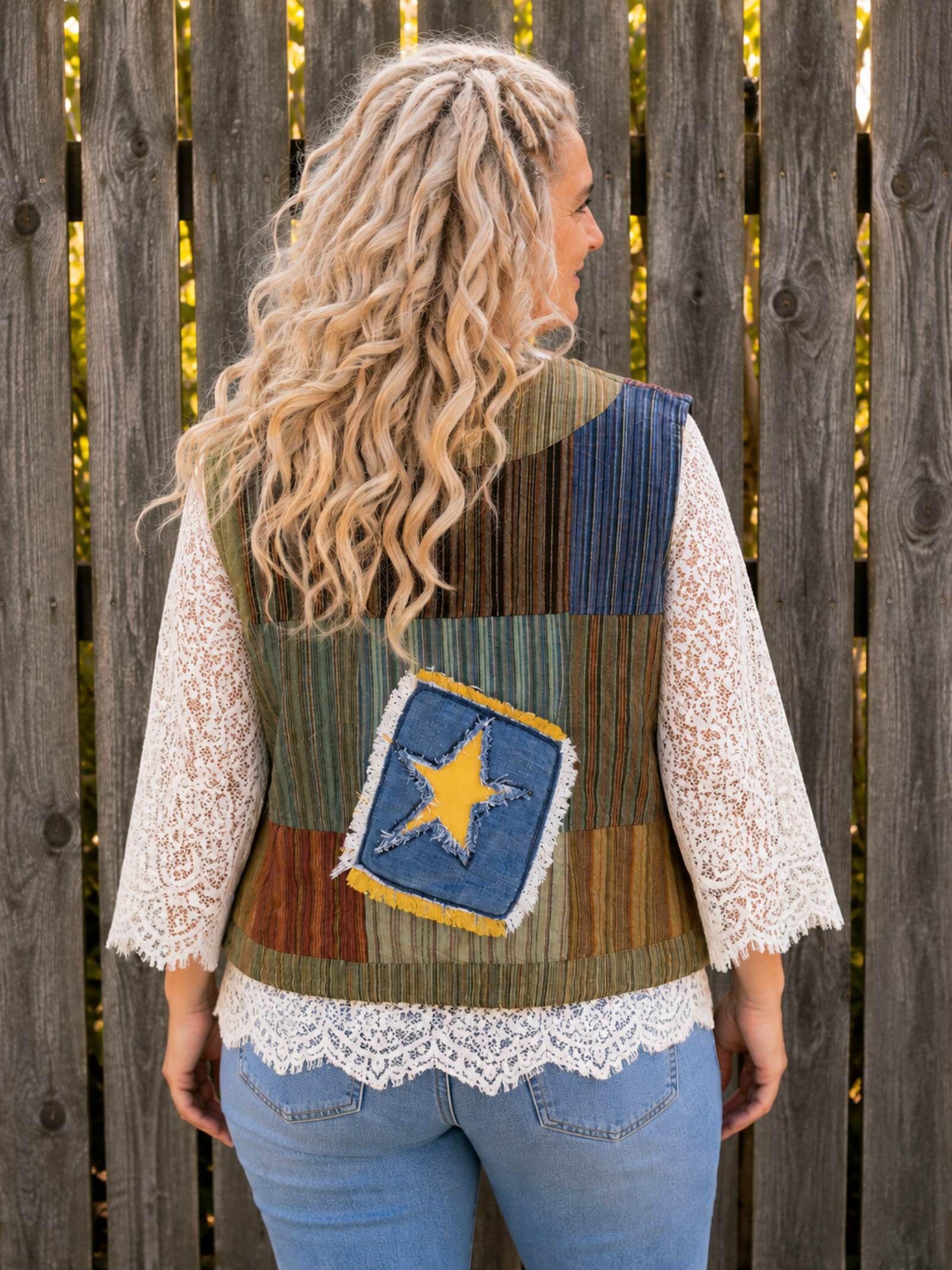 One of a Kind boho hesje met sterpatch op de achterkant, handgemaakt en upcycled door Old New Atelier.