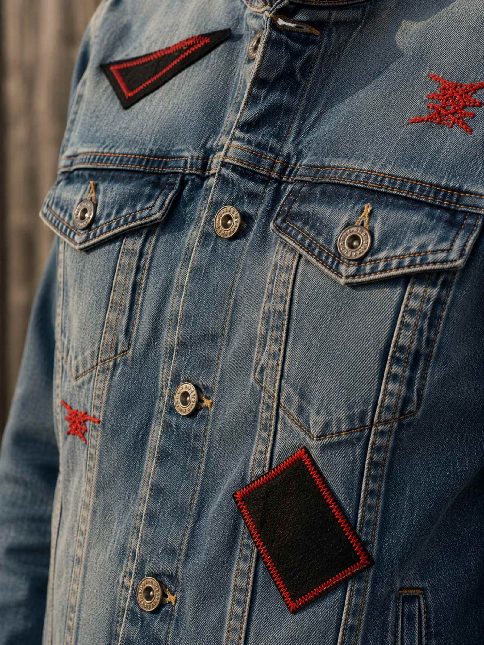 Detail van rode sierstiksels en denim patches op de voorkant van het handgemaakte upcycled denim jasje.