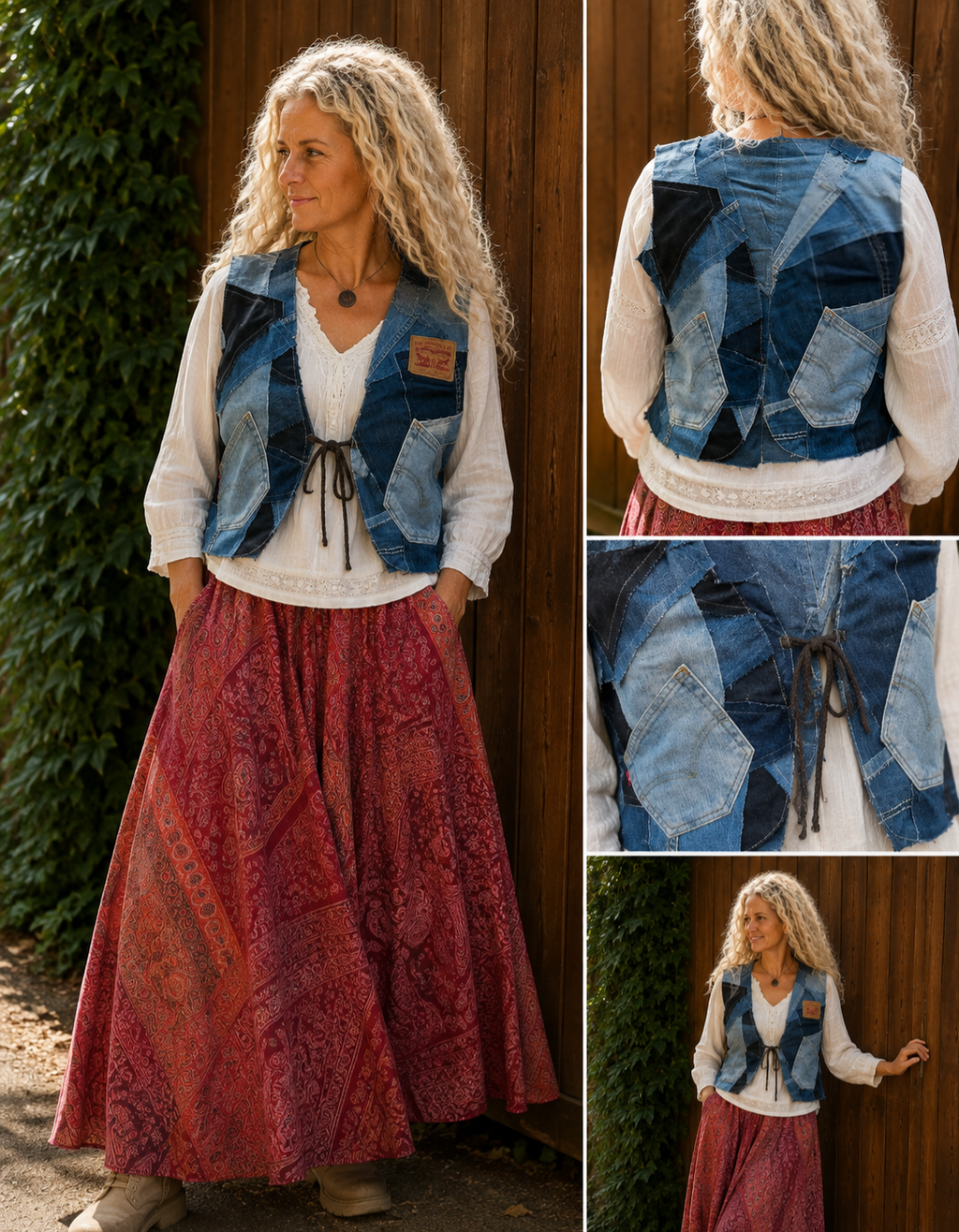 Boho wrap rok rood gecombineerd met een top en denim patchwork hesje.