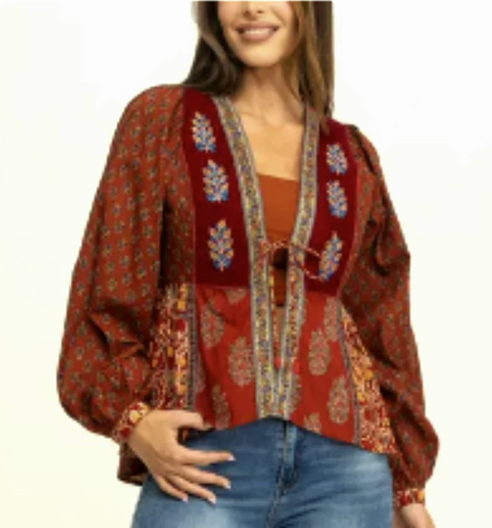 Boho Viscose Blouse – Rood Print – Met Sluiting – M & L – Laatste Stuks