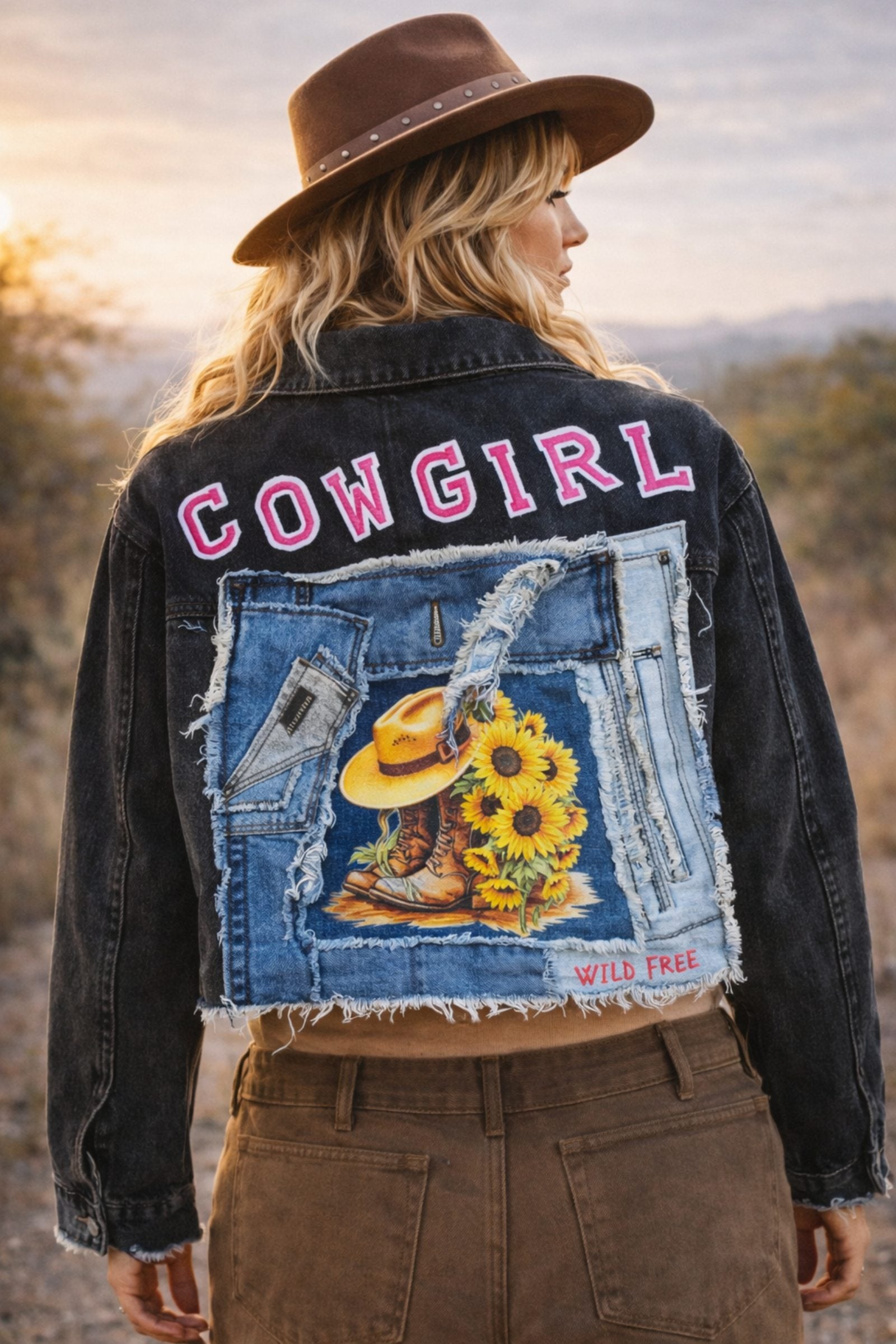 Model draagt uniek upcycled denim patchwork jasje boho stijl handgemaakt in atelier