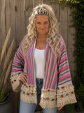 Boho vest Ibiza multicolor met franjes gedragen voorkant one size dames vest Old New Atelier