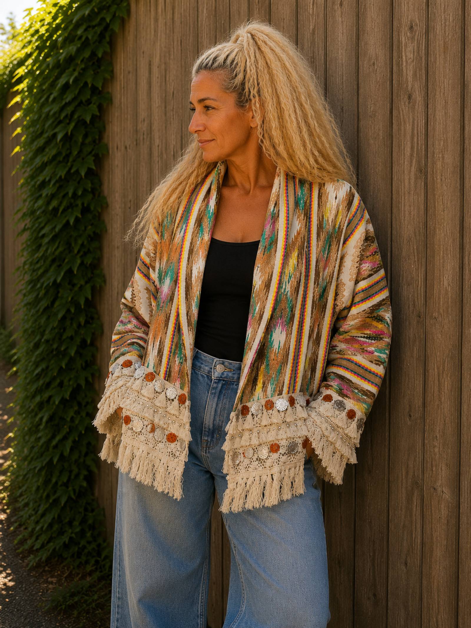 One Size boho vest gedragen voorkant