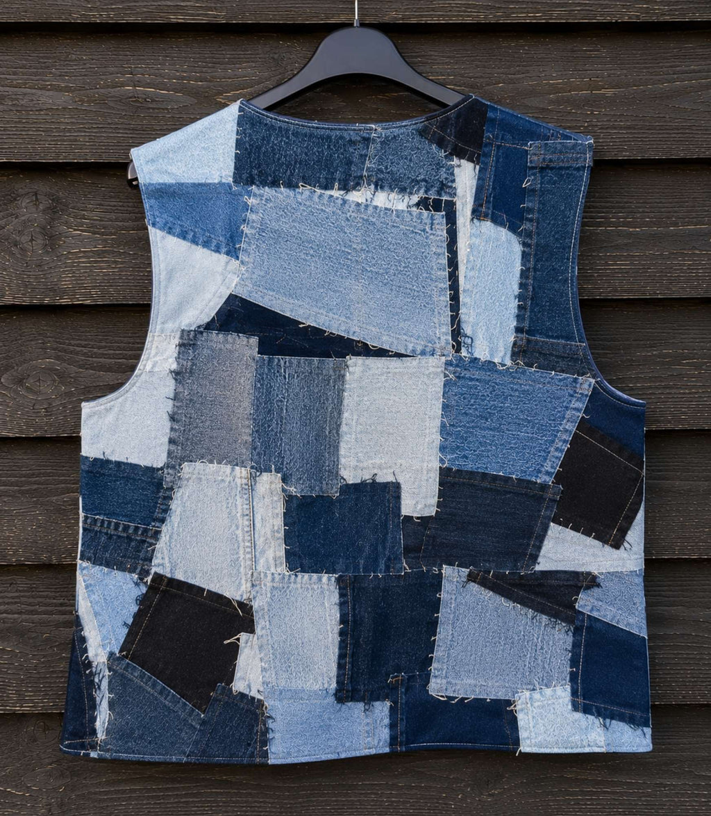 Achterkant van Blue Nomad Levi's patchwork hesje met handgemaakt denim patchwork op hanger.