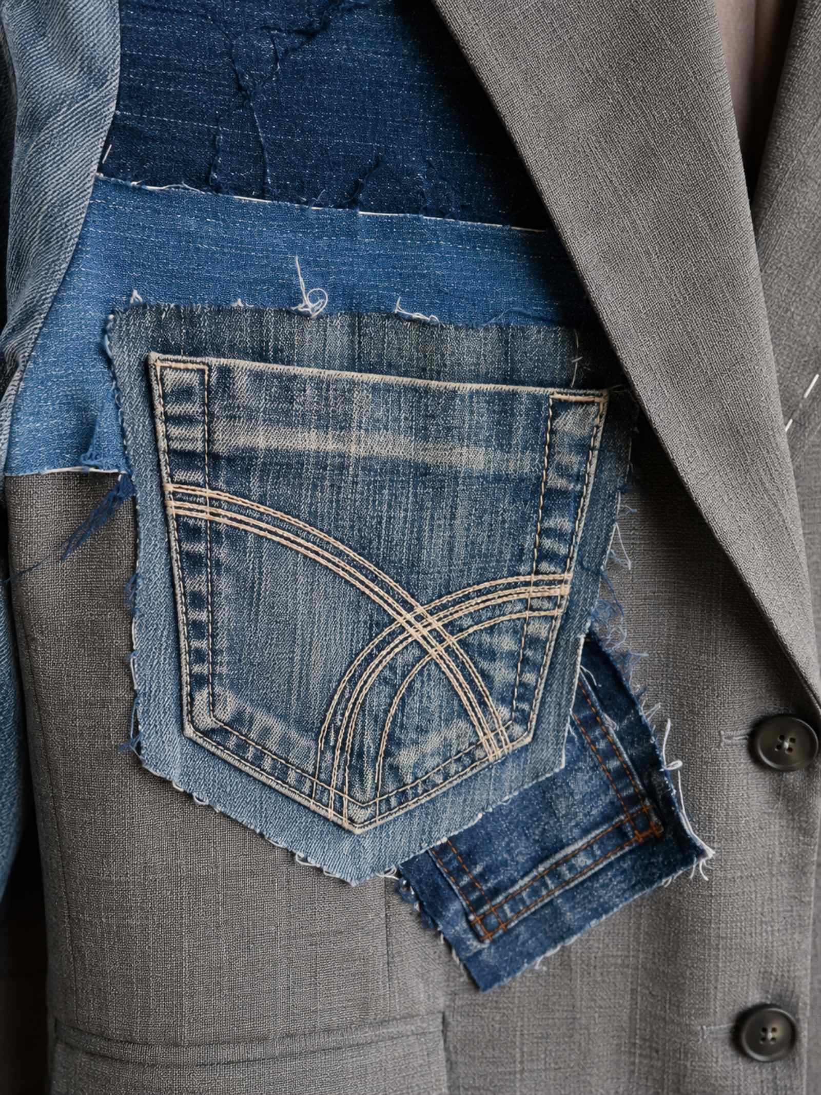 Close-up van handgemaakt jeanszak patchwork op blazer