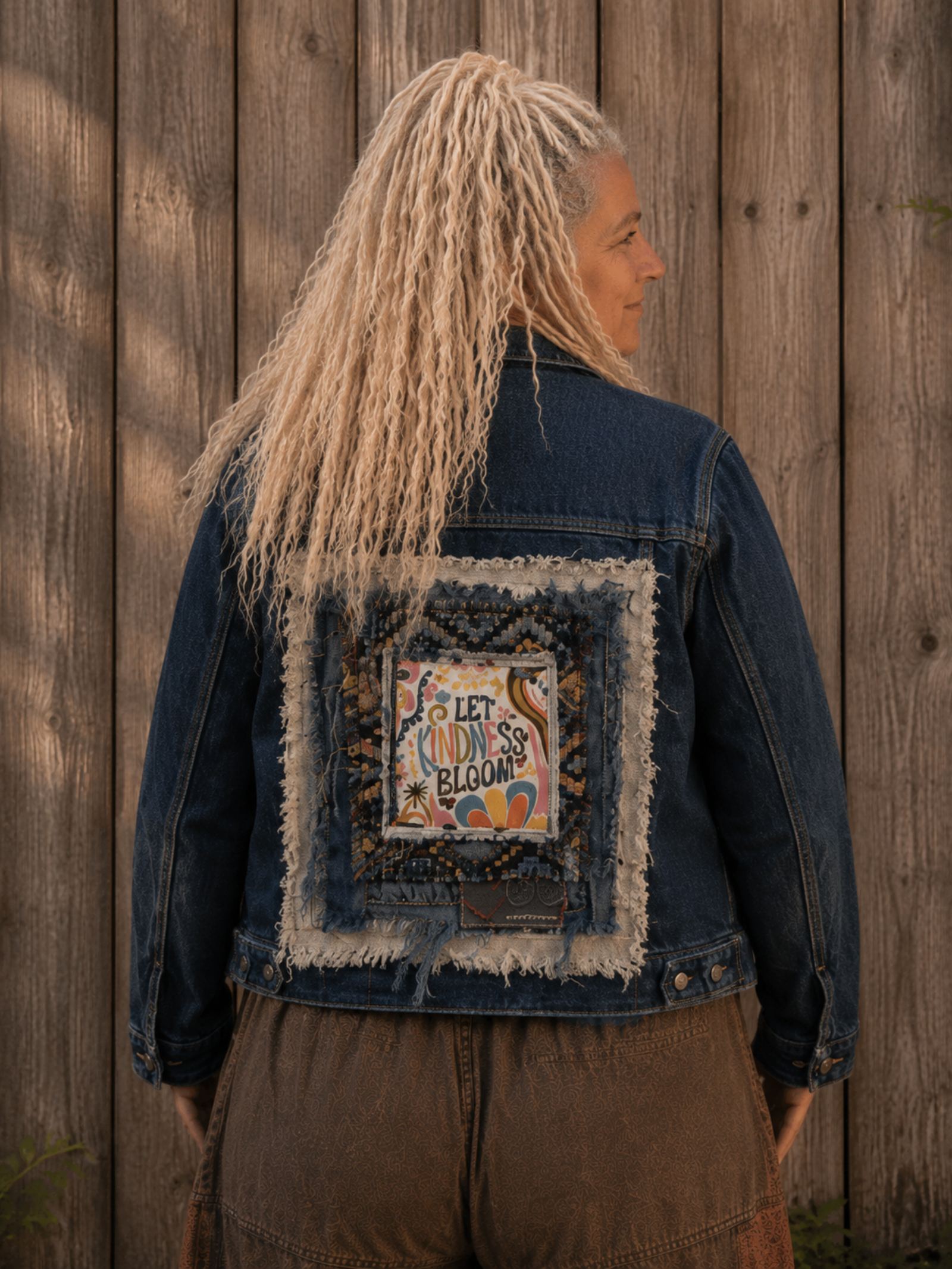 One of a kind upcycled jeansjasje Let Kindness Bloom achterkant met handgemaakte patchwork details gedragen door vrouwelijk model – Old New Atelier