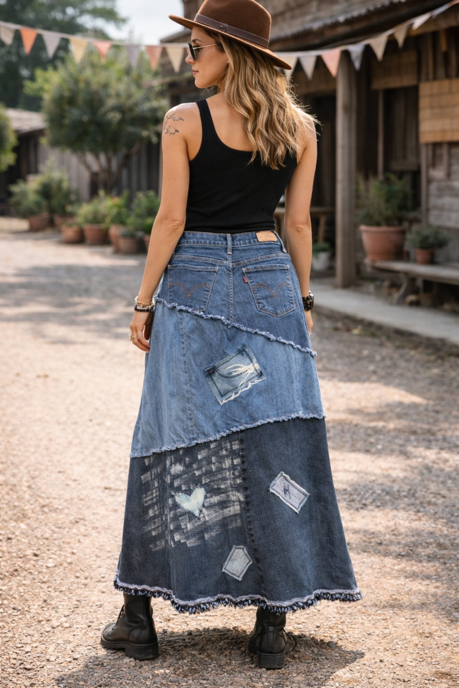 Boho denim rok achterkant model outfit