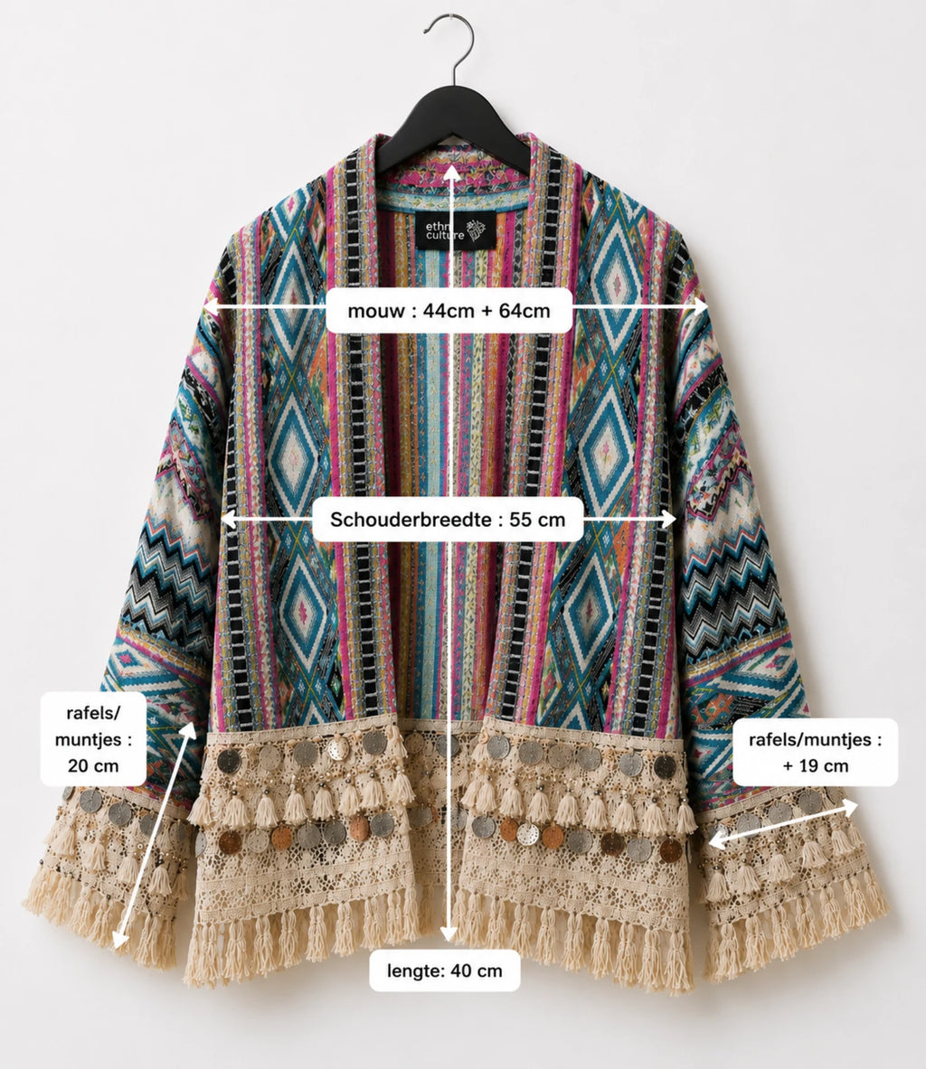 Maatoverzicht handgemaakt boho vest Aztec turquoise roze