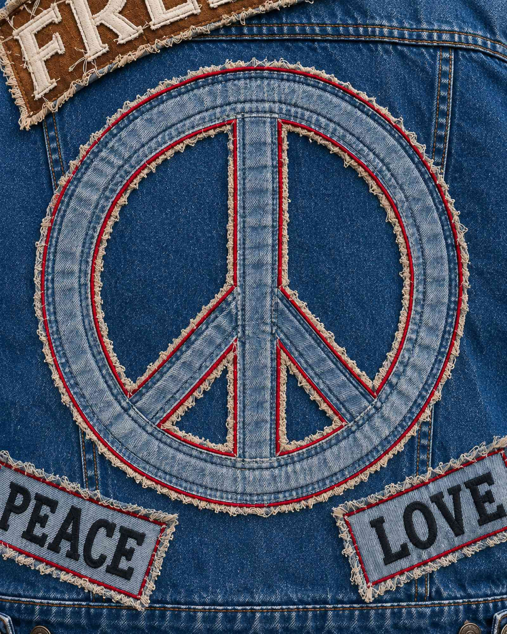 Close-up groot peace teken van verschillende denimdelen op Freedom jasje