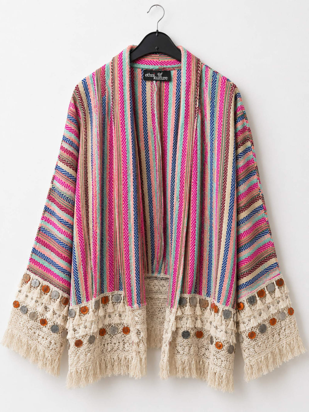 Boho vest Ibiza multicolor met franjes op hanger one size dames vest Old New Atelier