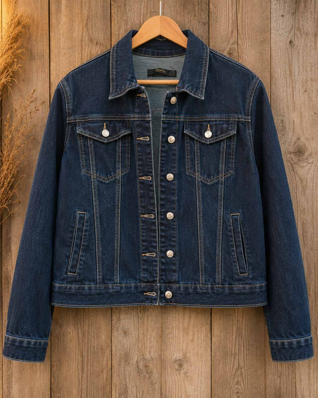Clean voorkant van one of a kind upcycled denim jacket in donker denim