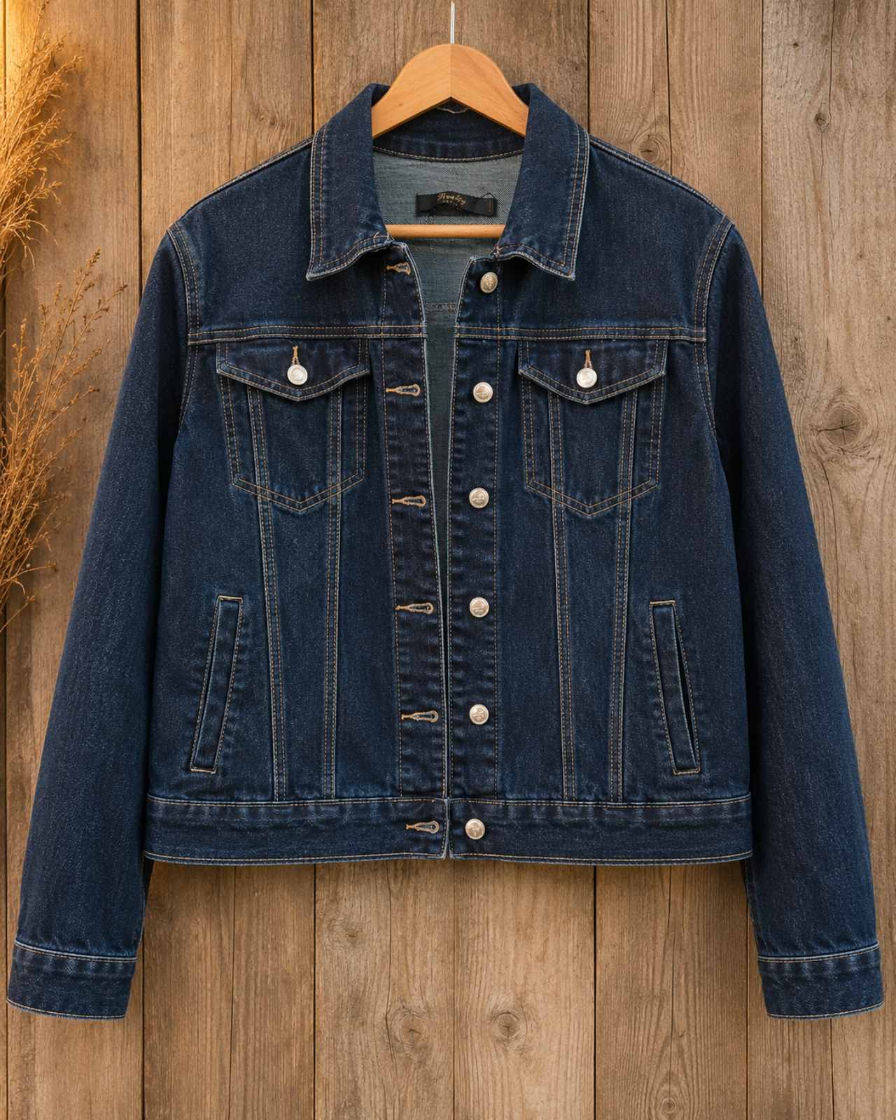 Clean voorkant van one of a kind upcycled denim jacket in donker denim