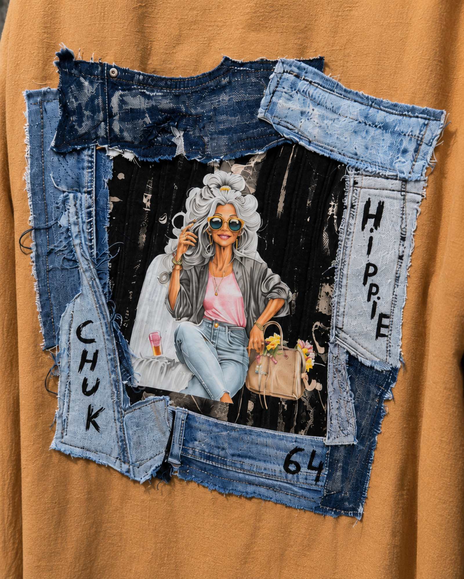 Close-up van uniek handgemaakt upcycled denim kunstwerk op de achterkant van de oversized blouse