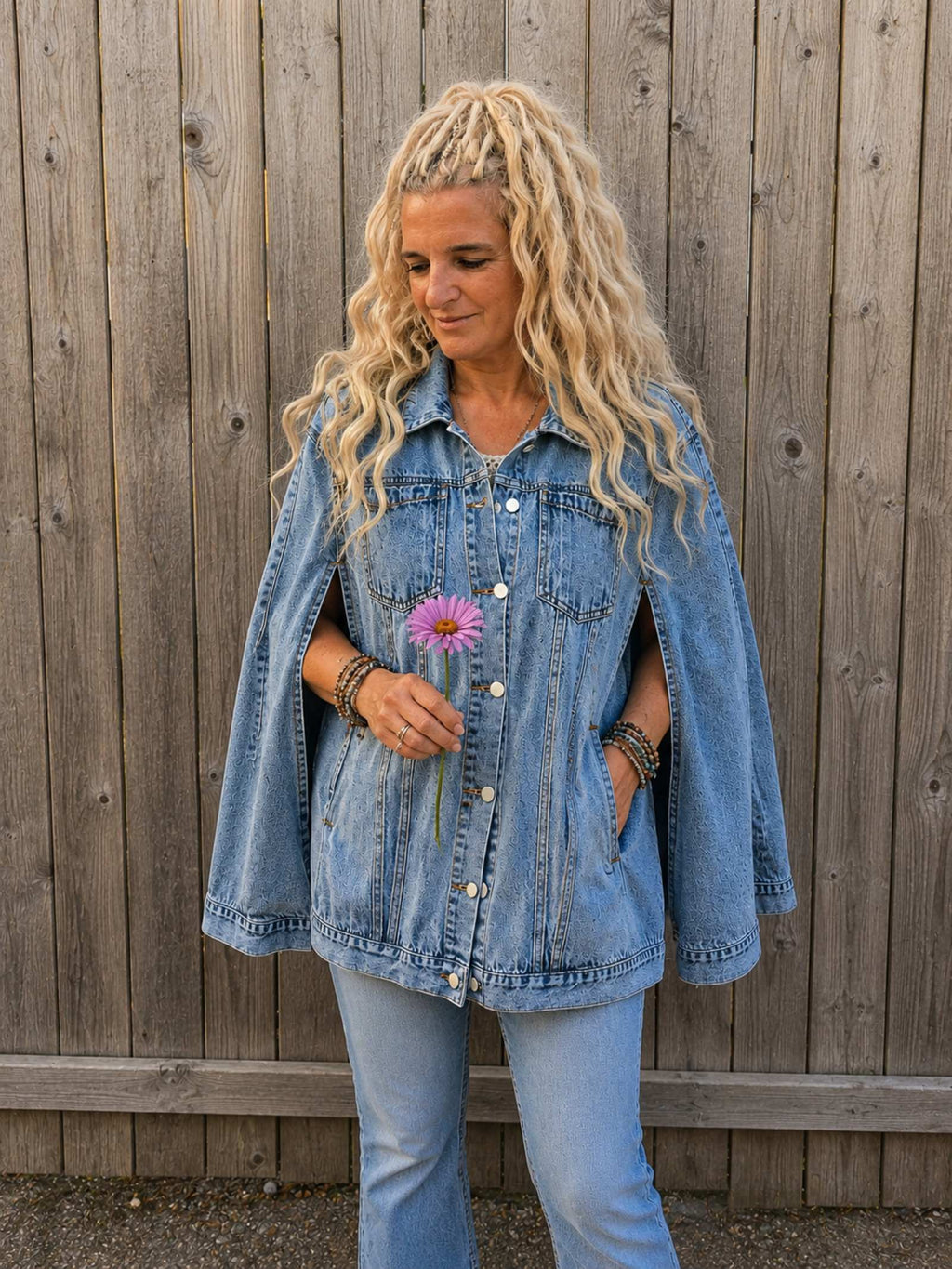 One of a Kind upcycled denim jacket van Old New Atelier gedragen door model met bloem, boho stijl, handgemaakt festival jasje van gerecyclede denim.